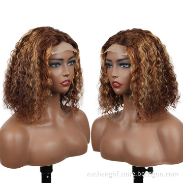 Pre Plucked highlight honey brown color straight bob human hair lace front wigs, 4x4 lace closure indian straight wave bob wig
